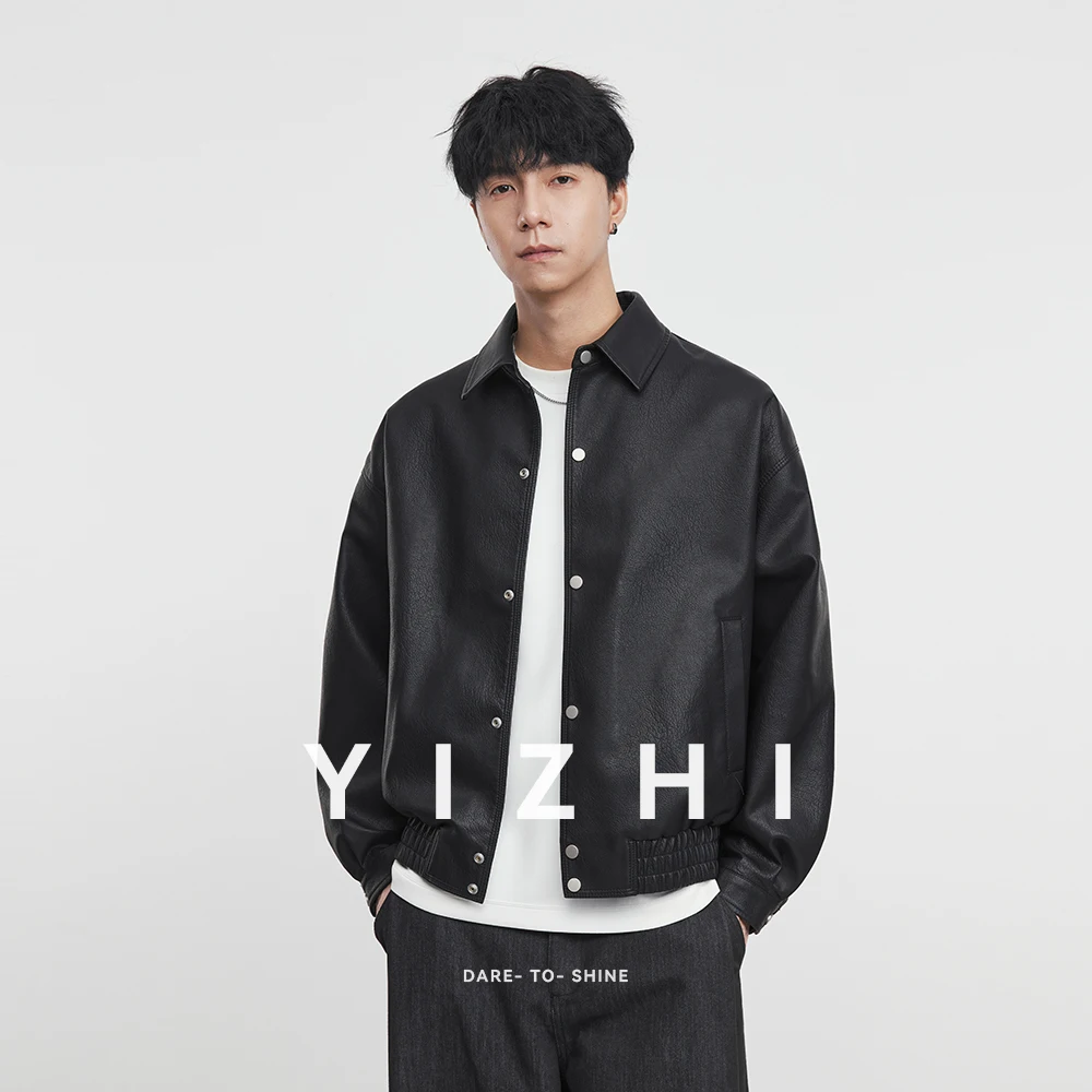 Giacca in pelle con risvolto in PU da uomo di moda 2025 Autunno New American Retro Allentato Abbigliamento da moto per esterni Top Giacca da uomo 3