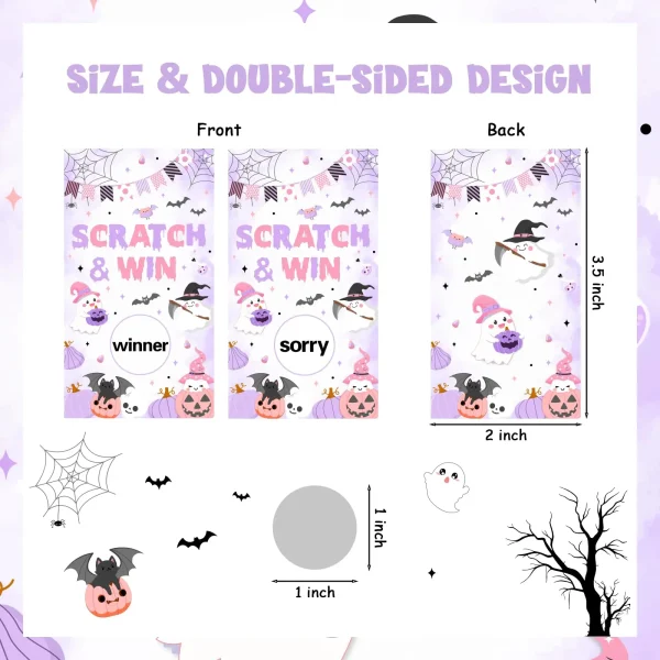 1 set da 50 confezioni di carte da grattare per Halloween rosa viola biglietti da gioco per feste lotteria premio rifa con carino 6