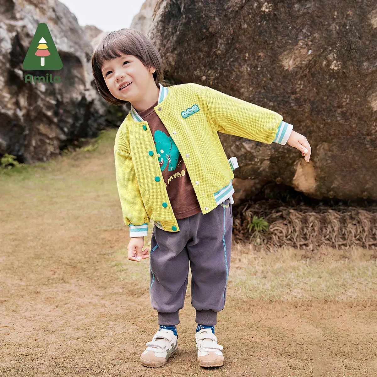 Amila Giacca da baseball per bambini 2024 Autunno Nuovi ragazzi Super Soft Waffle Texture Colore a contrasto Caldo logo ricamato Giacca per bambini 3