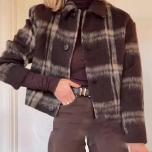 HH Tasche larghe da donna Colletto rovesciato Maniche lunghe Cappotti scozzesi monopetto Moda Autunno Donna Giacca corta in lana da strada 1