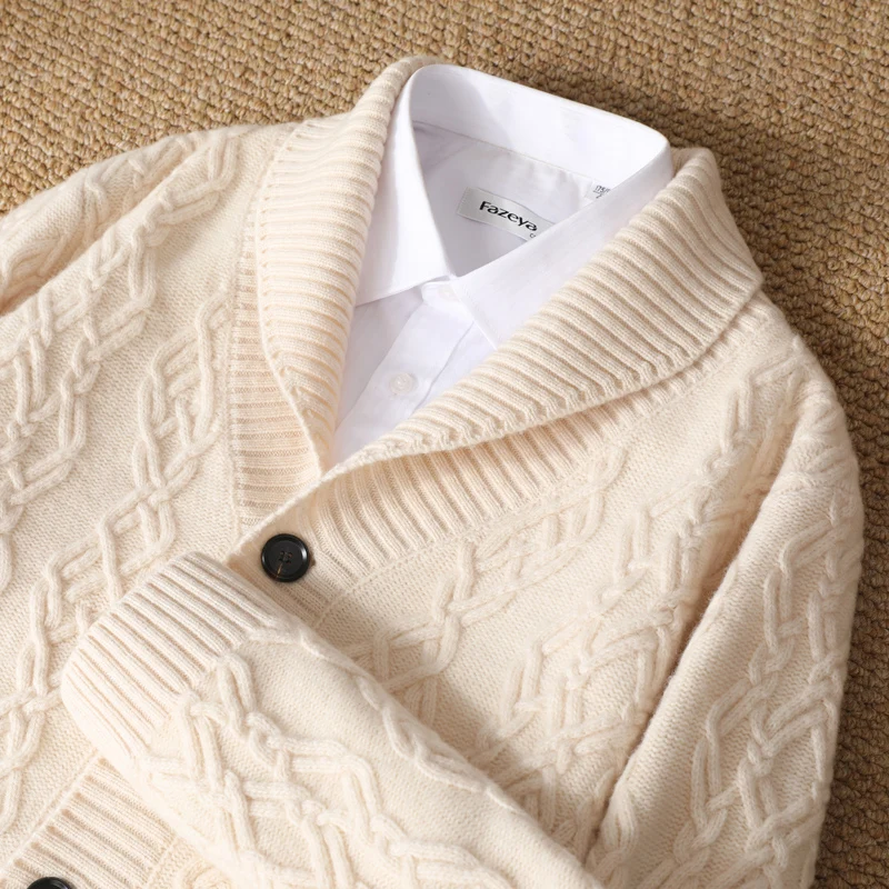 2025 Autunno Inverno Nuovo Cinque Aghi di Spessore 100% Maglione di Lana Merino da Uomo Risvolto Cardigan in Maglia Business Casual Camicia Calda Menswear 6