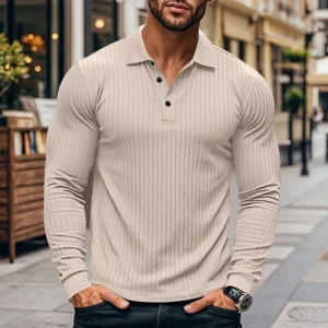 T-shirt a maniche lunghe abbottonata con risvolto americano casual classico da uomo autunno transfrontaliero 1