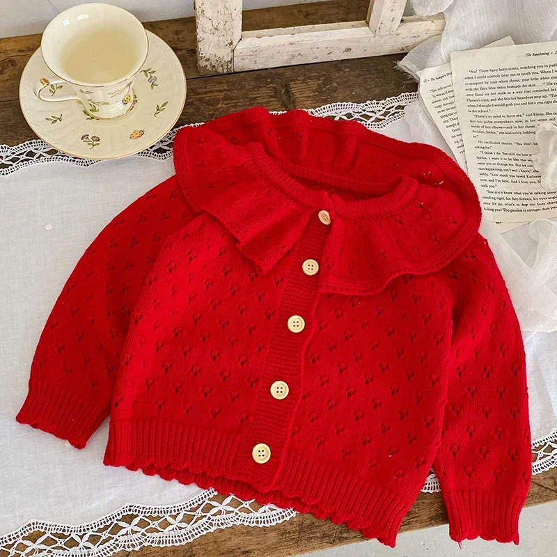 Autunno nuove ragazze Cardigan indumenti per bambini maglioni lavorati a maglia colletto arruffato neonate Cardigan cappotto per bambini giacca a maniche lunghe retrò 4