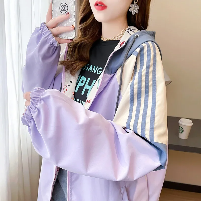 Doppio strato di usura su due lati Primavera Autunno Stile pigro Alla moda Con cappuccio Allentato Manica lunga Giacca sottile Cappotto da donna Capispalla casual 2