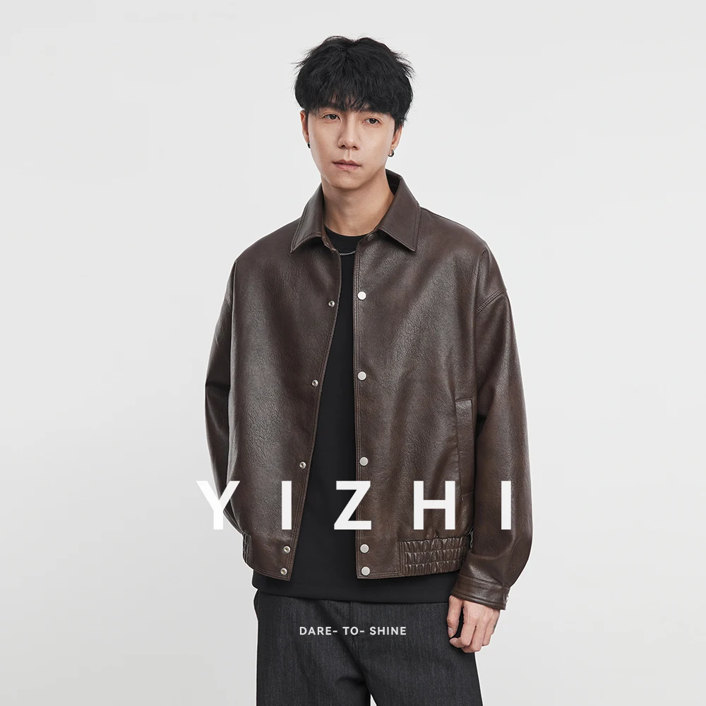 Giacca in pelle con risvolto in PU da uomo di moda 2025 Autunno New American Retro Allentato Abbigliamento da moto per esterni Top Giacca da uomo 5