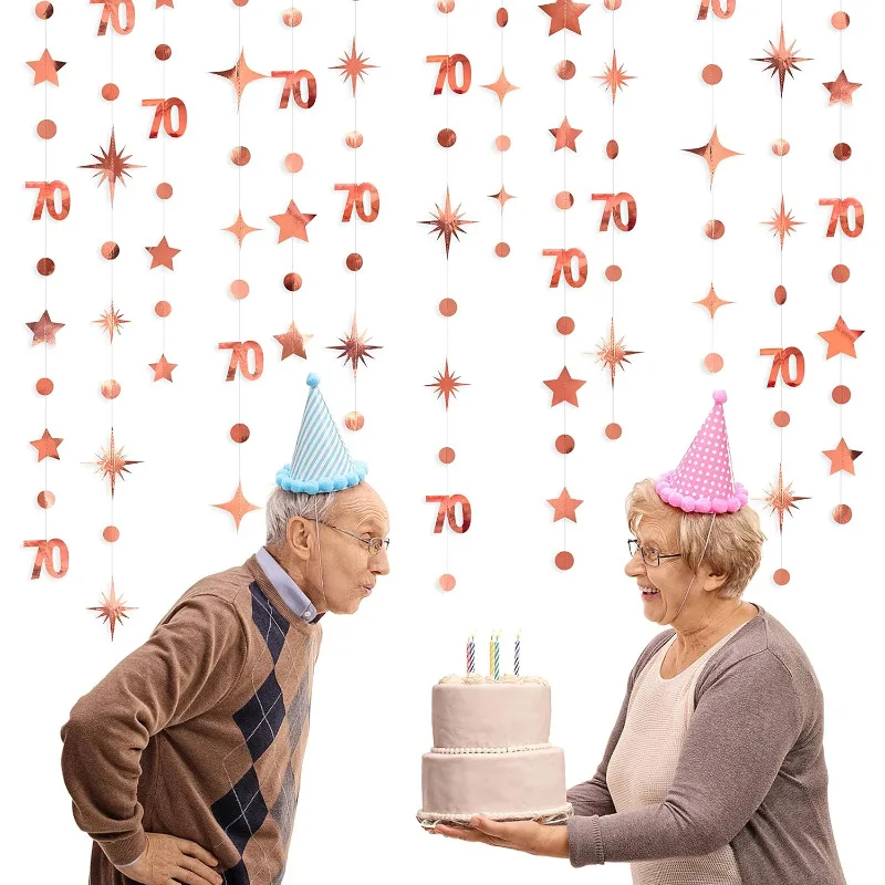 Oro rosa 70th Birthday Banner decorazioni numero 70 Circle Dot Twinkle Star ghirlande fondale appeso per la 70th Birthday Party 5