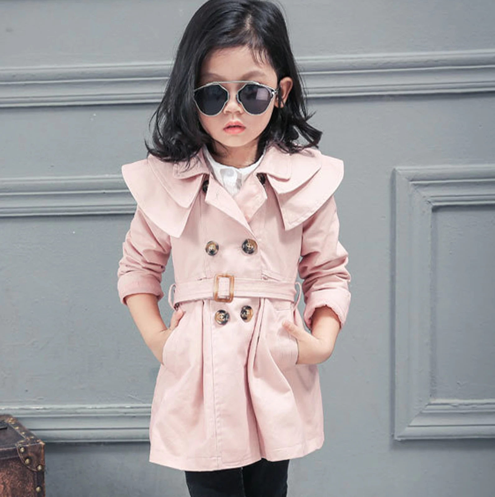 Trench per bambina doppio petto con volant e cintura invernale a maniche lunghe giacca a vento casual per bambini Trench per bambini 4