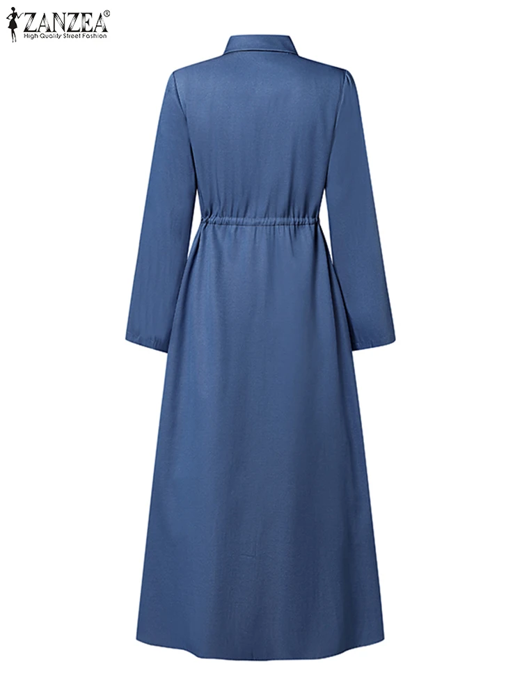 ZANZEA Donna Elegante Manica Lunga Lavoro Vestito Estivo 2025 Primavera Denim Blu Abito Casual Risvolto Collo Vacanza Abiti Maxi Robe Caftano 5