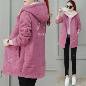Giacca da donna di media lunghezza in velluto di agnello taglie forti Felpa con cappuccio calda Cardigan aperto ampio Abito invernale Manica lunga Cerniera C... 1
