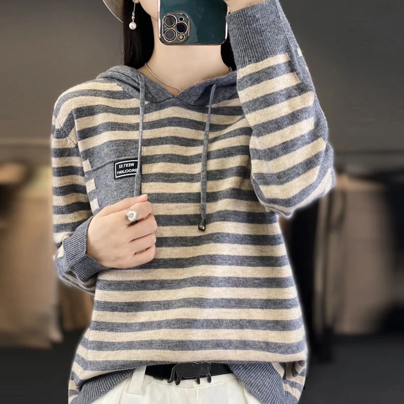 Maglione invernale in pura lana moda morbido autunno femminile nuove donne colletto con cappuccio striscia pullover cashmere sciolto casual maglia base top 5
