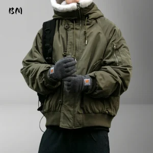Giacca Parka invernale americana coreana streetwear uomo donna cappotto foderato in pile capispalla corto con collo in pelliccia con cappuccio caldo pesante 1