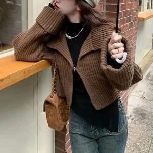 Cardigan lavorato a maglia autunno inverno maglioni larghi da donna casual elegante maglieria a maniche lunghe top corti bavero femminile abiti dolci 1