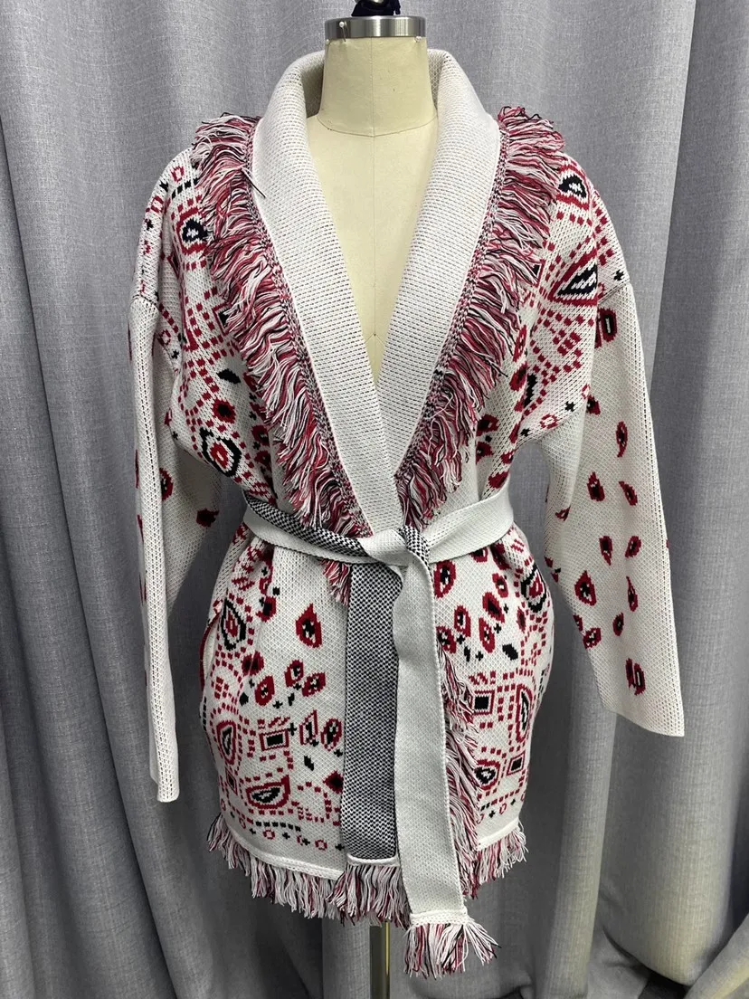 Cardigan da donna in cashmere con cintura elegante ispirato a Boho da donna Cardigan in maglia grigia jacquard con nappe di lana di alta qualità lungo oversize 5