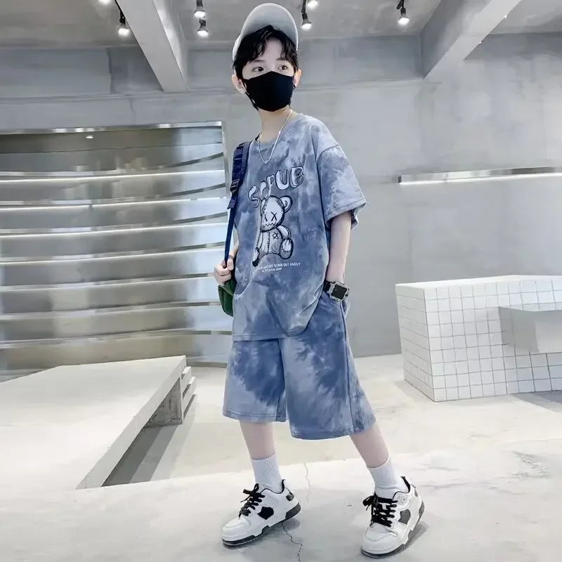 Estate bambini ragazzo vestiti Set ragazze adolescenti Tie Dye magliette e pantaloncini 2 pezzi vestito bambino cartone animato orso Top fondo abiti tuta 6