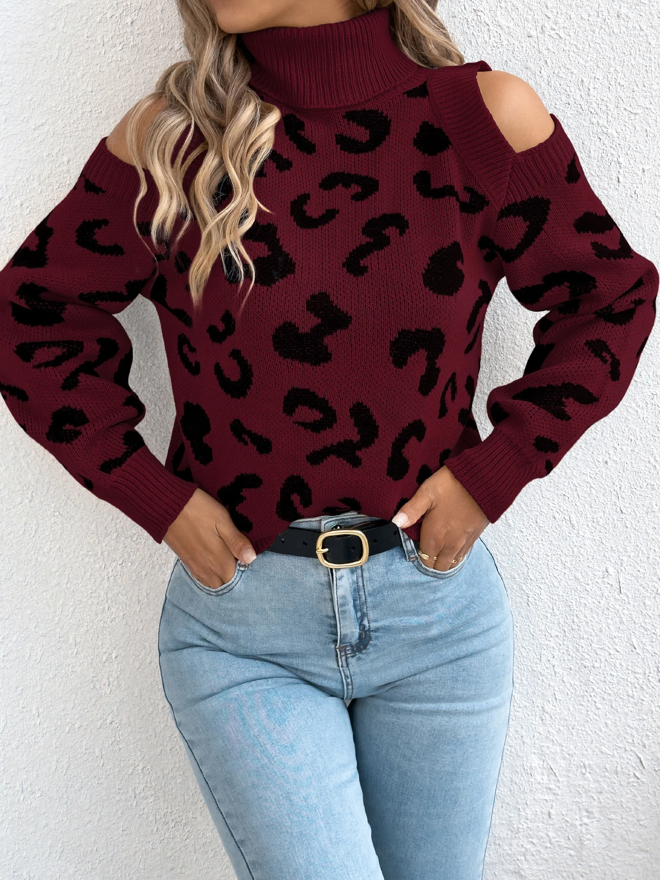 Top da donna con stampa leopardata con spalle scoperte 2025 Maglioni lavorati a maglia a maniche lunghe con lanterna a collo alto casual per l'autunno inverno rosa kaki 6