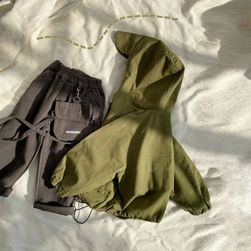 Moda neonata ragazzo giacca con cappuccio cotone infantile bambino borsa cappotto autunno primavera bambino capispalla tinta unita vestiti per bambini 1-7 anni 4
