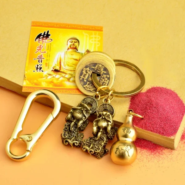 Stile cinese zodiaco zucca in ottone cinque imperatori fortuna moneta portachiavi metallo Fengshui Pixiu ciondolo coppia portachiavi auto regalo 4