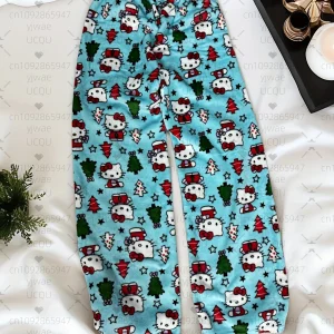 2025 Donne di inverno Hello Kitty Albero di Natale peluche Pantaloni del pigiama Pantaloni morbidi Donne carine Casual Casa Anime Cartoon Pantaloni del pigiama 1