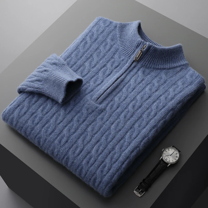 Autunno e inverno nuovo maglione di cashmere merino al 100% da uomo imbottito twist top colletto con cerniera camicia con fondo plus size pullover in maglia 3