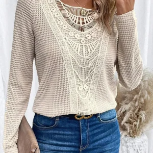 T-shirt ritagliata girocollo tinta unita T-shirt elegante in pizzo a contrasto a maniche lunghe a costine per abbigliamento da donna autunno inverno 1