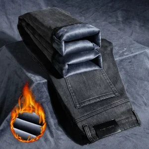 Jeans in pile da uomo invernali 2025 ispessito velluto caldo pantaloni in denim dritti larghi comodi pantaloni classici neri grigi di marca 1