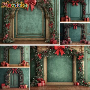 Mocsicka Natale Porta Sfondo Fotografia Retro Verde Ghirlanda di Natale Regalo Fiocco Decor Sfondo Inverno Bambini Compleanno Studio fotografico 1