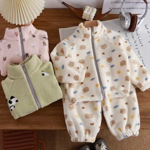 Autunno Inverno Bambini Pigiama in pile spesso Set Coreano Cartoon Ragazze del bambino Moda Peluche Abiti caldi 1-4Y Ragazzi Home Wear Suit 1