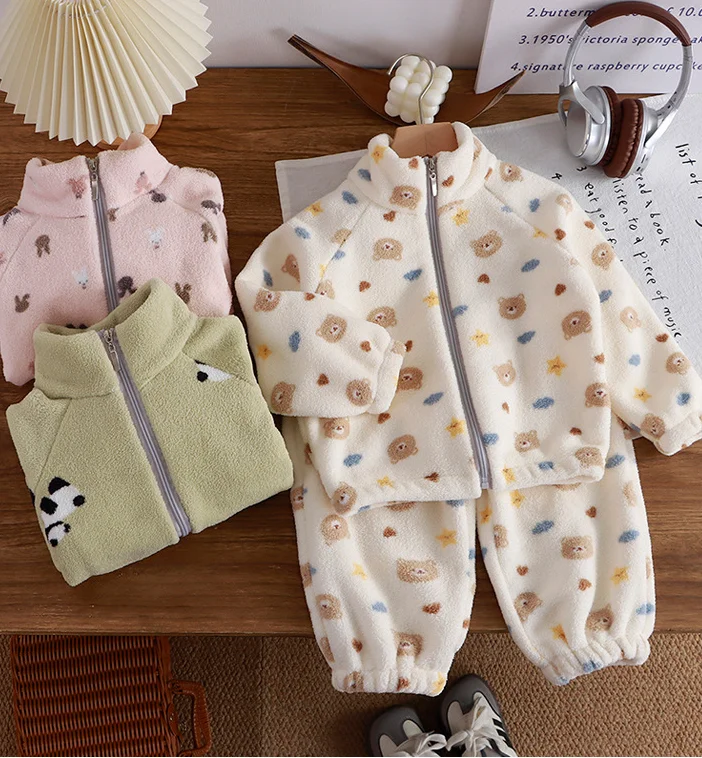 Autunno Inverno Bambini Pigiama in pile spesso Set Coreano Cartoon Ragazze del bambino Moda Peluche Abiti caldi 1-4Y Ragazzi Home Wear Suit 1