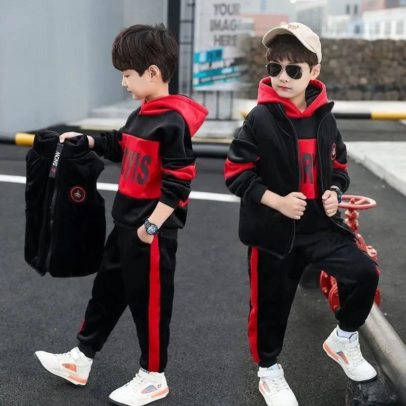 Ragazzi Set di velluto a doppia faccia Bambini Moda Abito con cappuccio Bambini Autunno Inverno Giubbotti + Pantaloni 2 pezzi Abiti Abbigliamento casual per adolescenti 6