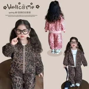 Set di vestiti per bambina autunno Bambini Ragazzo Giacca con cerniera con stampa leopardata e pantaloni a gamba larga BottomTuta in cotone da due pezzi 1