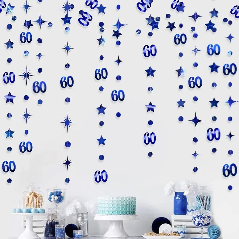 Decorazioni blu per il 60° compleanno Numero 60 Cerchio Dot Twinkle Star Ghirlanda Banner Sfondo per forniture per feste di 60° compleanno 3