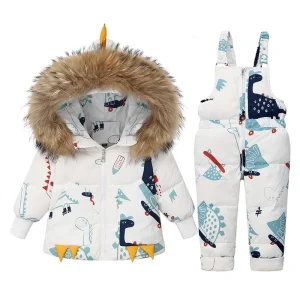 Piumino caldo invernale per bambini Parka Boy Salopette per bambini Vestiti per bambina per bambini Set di abbigliamento per dinosauri per bambini Cappotto con cappuccio Tuta da neve 1