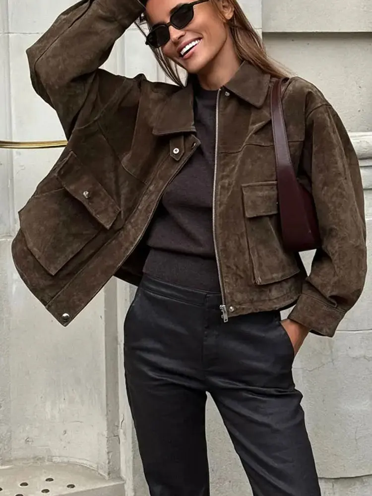 Giacca in pelle scamosciata da donna vintage con risvolto solido con cerniera maniche lunghe tasche cappotto 2025 autunno casual High Street Lady Outwear 4