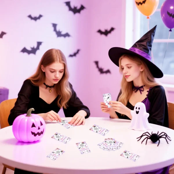 1 set da 50 confezioni di carte da grattare per Halloween rosa viola biglietti da gioco per feste lotteria premio rifa con carino 3