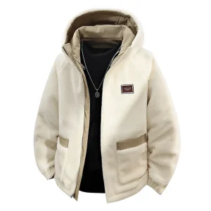 Giacca invernale con cappuccio in pile di agnello Hip Hop Streetwear Uomo Donna Harajuku Giacche in cotone reversibile Cappotto caldo spesso con cerniera casual 1