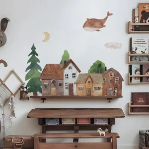 Tessuto Cartoon Forest Vintage Town Wall PVC Moon Bunny Adesivo Fai da te Bambini Baby Room Decorazione da parete per camera da letto Soggiorno 1