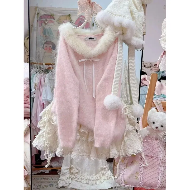 Maglioni coreani rosa dolce da donna eleganti con spalle scoperte camicie Kawaii carine maniche lunghe femminili pullover casual bianchi inverno 2025 3