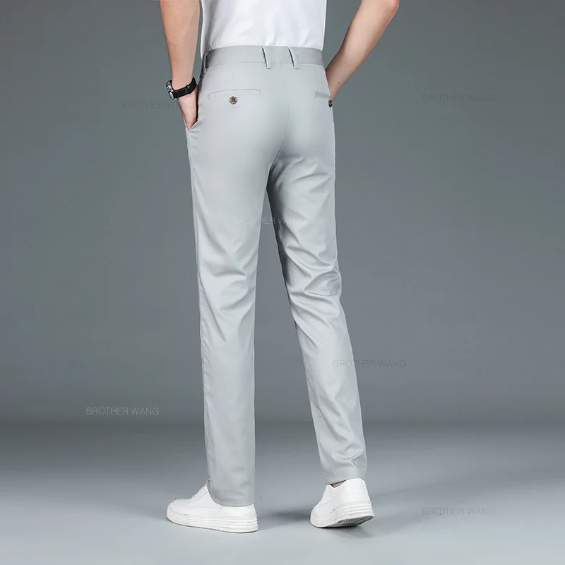 Pantaloni Casual da uomo in tessuto in fibra di bambù estate nuovi pantaloni da lavoro dritti morbidi elastici ultrasottili classici neri kaki grigi 6