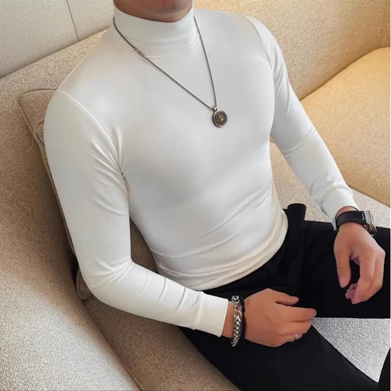 T-shirt a maniche lunghe a collo alto da uomo autunno inverno tinta unita slim fit casual top caldi T-shirt abbigliamento uomo 4XL-M 3