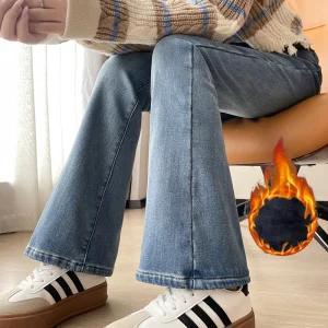 2023 moda nuove donne caldo peluche jeans svasati pantaloni in denim allentati in pile termico femminile a vita alta pantaloni svasati dritti urbani 1