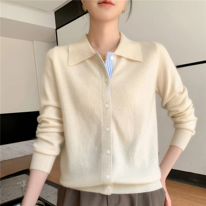 Camicia con colletto polo da donna Cardigan Maglione di lana merino Manica lunga Color Bar Abbigliamento Primavera Autunno Maglieria calda Top femminile 2