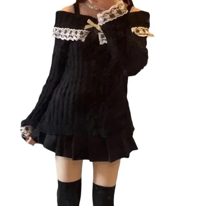 2025 Maglione lavorato a maglia da donna con spalle scoperte Pullover rosa Pullover dolci Maglioni patchwork in pizzo con fiocco a maniche lunghe Y2k Streetwear 2