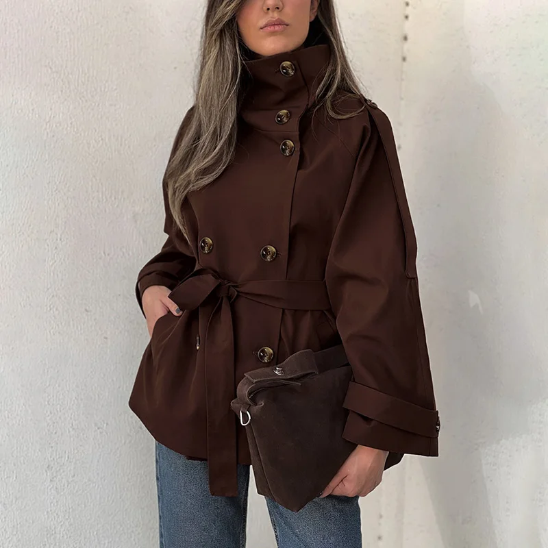 Ticketsx Trench vintage a collo alto con doppio petto Giacca slim patchwork con lacci Donna Autunno Inverno Ufficio Streetwear Trench 3