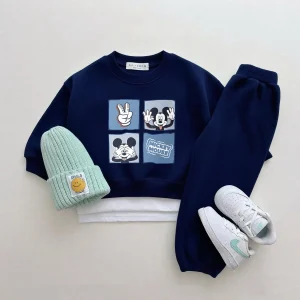 Disney Set di abbigliamento per ragazzi Abiti a maniche lunghe Primavera/Autunno Indossare felpe + pantaloni con stampa carina per bambini Set casual da 2 pezzi 1
