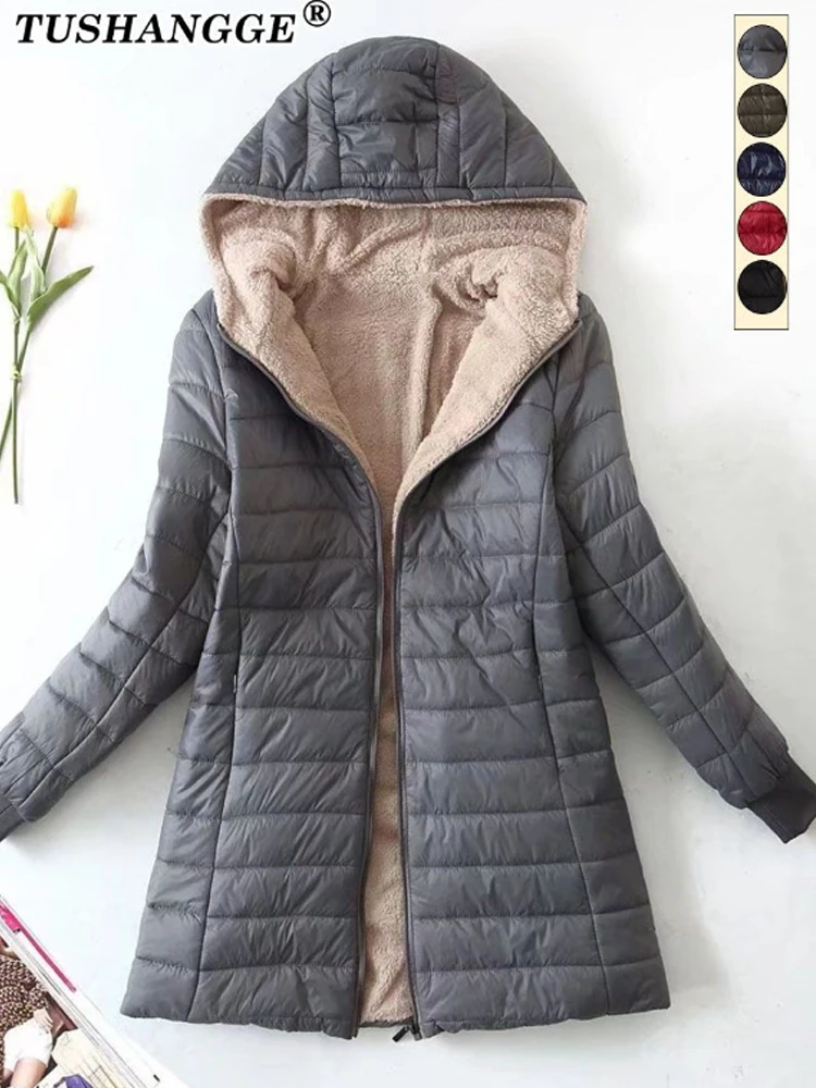 Nuova edizione coreana di media lunghezza con cappuccio giacche da donna autunno inverno cappotti di cotone da ufficio di media lunghezza caldo parka in pile di agnello 4