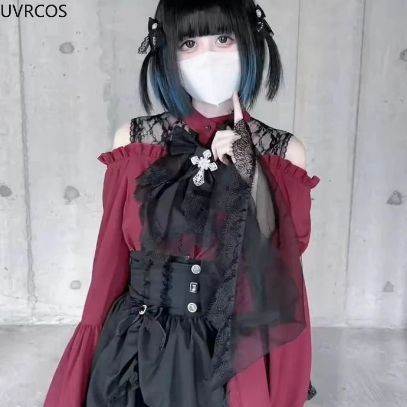 Camicie stile Lolita gotico Y2k Donna Colletto arricciato Kawaii Camicetta a maniche lunghe svasata Donna Top slim vintage vittoriani giapponesi 2