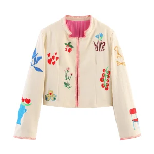 Cappotto corto ricamato a contrasto a maniche lunghe con scollo tondo allentato dolce casual da donna autunno 2025 1