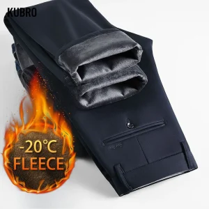 Pantaloni casual dritti caldi da lavoro da uomo invernali tinta unita tessuto elasticizzato in fibra di bambù addensare pantaloni in pile abbigliamento maschile 1