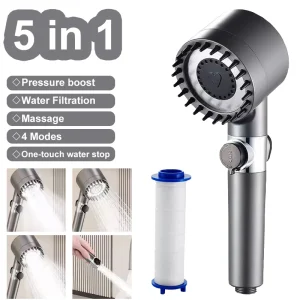 Filtro doccia 5in1 quattro modalità accessori da bagno soffione massaggio soffione riempito per soffioni doccia manopole docce parti di fissaggio 1