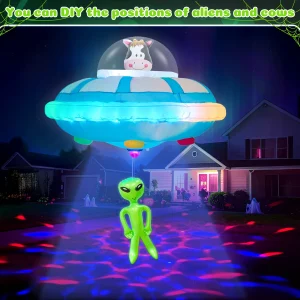 OurWarm 4 FT Alien Spaceship Gonfiabile, Alien e Mucche Blow Up Yard Decor, UFO Gonfiabile Halloween Decor, per la Festa di Halloween 1